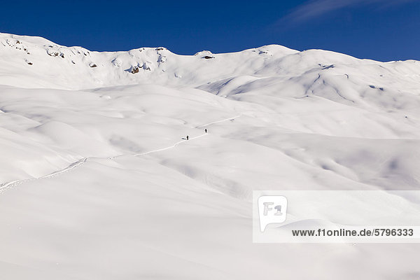 Einsamer Skitourengeher in verschneiter Landschaft  Tuxer Alpen  Tirol  Österreich  Europa