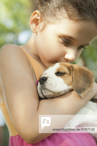 Girl kissing beagle puppy