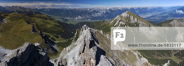 View as seen from the summit of Marchreisenspitze mountain  Inn valley  Innsbruck  Kalkoegel mountain  northern Tyrol  Tyrol  Austria  Europe