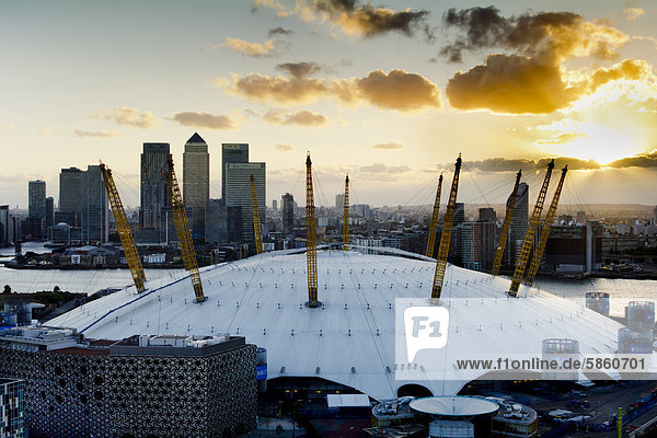Millennium dome and Canary Wharf  London  Great Britain  Europe