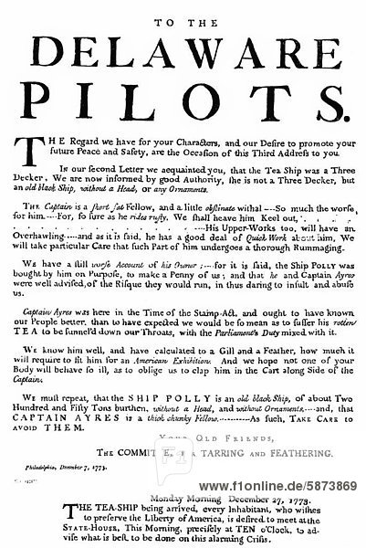Historical drawing  US-American history  18th century  the Tea Act of 10 May 1773  calling ship pilots not to help British ships that have tea on board navigate to the ports