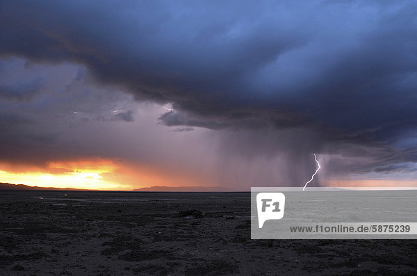 Gewitterhimmel mit Regen und Blitz bei Sonnenuntergang  Altiplano  Bolivien  Südamerika