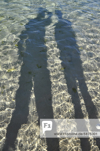 Shadow of a couple in the shallow water at the beach  Caribbean coast  Brazil  South America