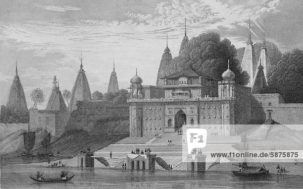 Historische Illustration  Benares oder Varanasi  Teilansicht mit Tempel am Ganges  Stahlstich-Ansicht aus dem Bibliographischen Institut Hildburghausen um 1850