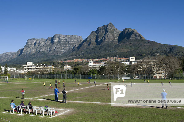 Football field  Rygersdal Football Club  Table Mountain at back  Cape Town  South Africa  Africa