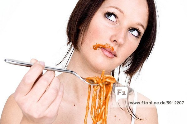 Frau  denken  jung  Spaghetti  essen  essend  isst