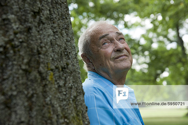 Alter Mann an einem Baum schaut nach oben