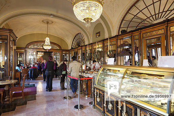 Interior of fashionable Cafe Gerbeaud  Vorosmarty Ter  Budapest  Central Hungary  Hungary  Europe