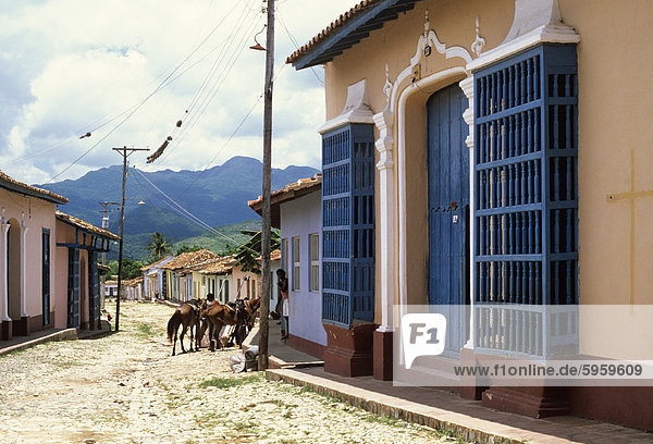 Pferde in der alten Stadt Back Street  Trinidad  Sancti Spiritus  Kuba  Westindische Inseln  Mittelamerika