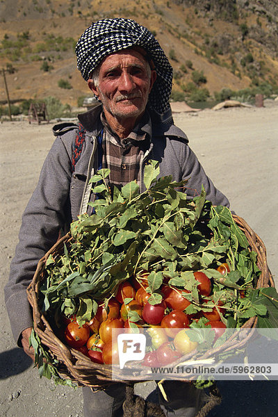 Kurdischer Mann mit Tomaten zu verkaufen  Anatolien  Türkei  Kleinasien  Kurdistan  Eurasien