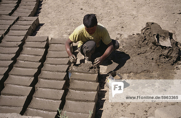 Man making mud bricks  Shey  Ladakh  India  Asia