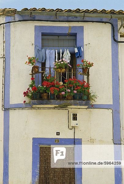 Detail Details Ausschnitt Ausschnitte Europa Außenaufnahme Wohnhaus klein Balkon weiß blau streichen streicht streichend anstreichen anstreichend Storchschnäbel Leon Spanien