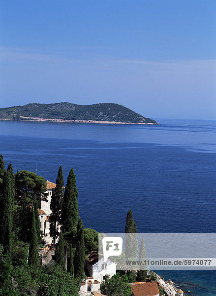 Blick auf den Hafen und die Küste von Trsteno  Dalmatien  Kroatien  Europa