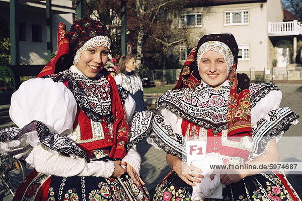 Ladies in traditional dress  Traditional Dress Feast Festival  Milotice village  Moravian Slovacko folk region  Milotiice  Brnensko  Czech Republic  Europe
