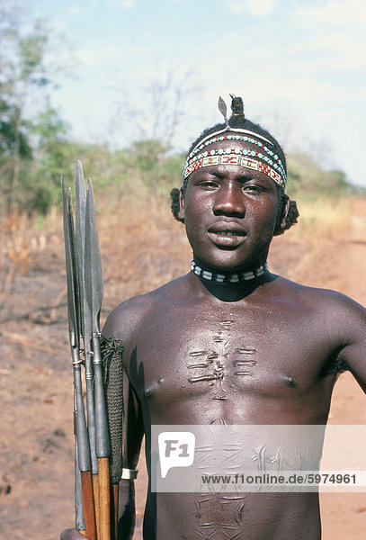 Porträt eines Mannes mit Speeren und aufwendige Narben  Azende  Sudan  Afrika