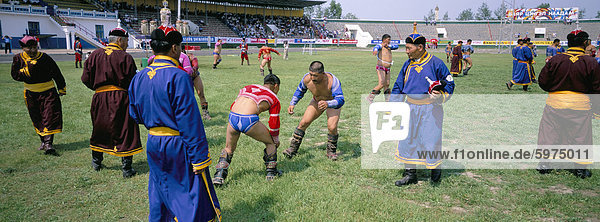 Wrestling tournament  Naadam festival  Tov province  Mongolia  Central Asia  Asia