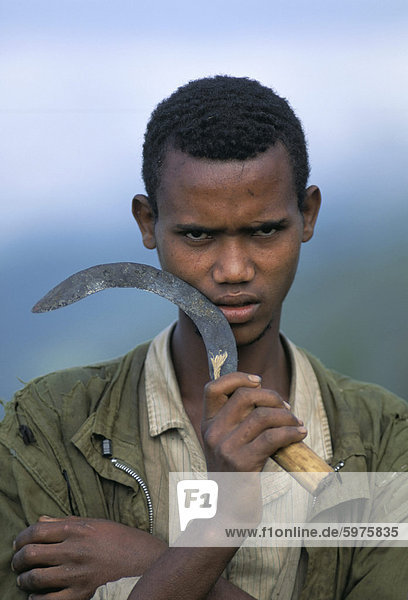 Portrait of a young man holding a sickle  Oromo country  Bako region  Shoa state  Ethiopia  Africa