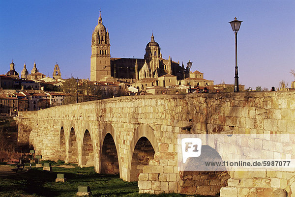 Die römische Brücke und die Stadt vom Fluss Tormes  Salamanca  Castilla Leon  Spanien  Europa
