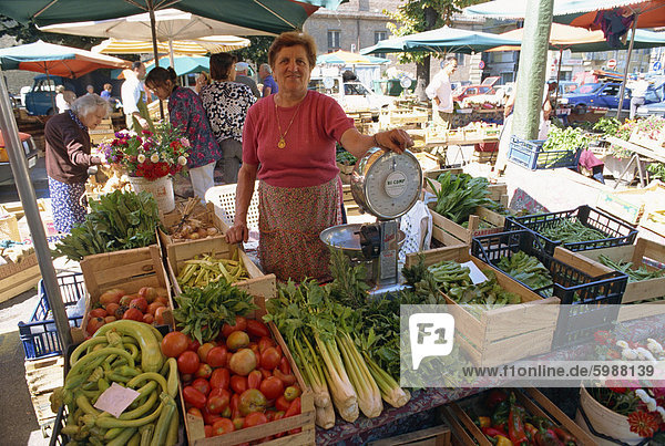 Frau Verkauf von Obst  Gemüse und Blumen auf einem Stall in dem Straßenmarkt in Asti  Piemont  Italien  Europa