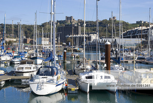 Marina and castle beyond  Dover  Kent  England  United Kingdom  Europe
