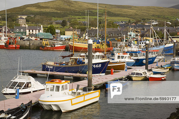 Naturhafen  vertäut Fischereihafen mit Booten durch hölzerne Mole mit Wasser darüber hinaus  Dingle  westlichste Stadt in Europa  Halbinsel Dingle  County Kerry  Munster  Irland  Europa