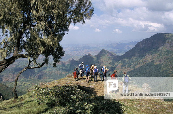Tourists trekking  Simien Mountains National Park  UNESCO World Heritage Site  Ethiopia  Africa