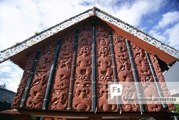 Kunstvoll geschnitzte Lagerhaus in Replikat Dorf am Institut Maori Kunst und Kunsthandwerk  Whakarewarewa thermal und kulturellen Bereich  Rotorua  Nordinsel  Neuseeland  Pazifik