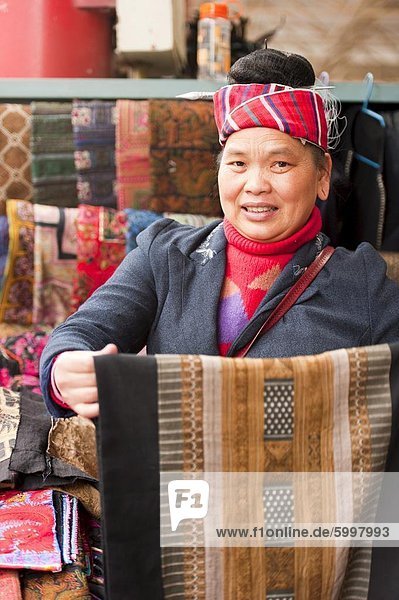 Saleswoman  fabric shop  Panjiayuan flea market  Chaoyang District  Beijing  China  Asia