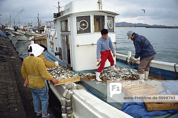 Fischer verkaufen ihren Fang deaktiviert das Boot auf Fukue Island  Nagasaki-Präfektur  Japan  Asien
