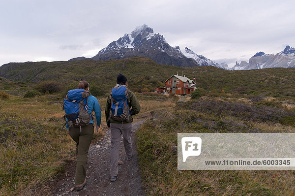 Hikers  Torres del Paine National Park  Patagonia  Chile  South America
