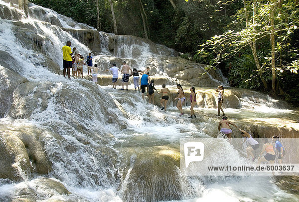 Terraces of calcite travertine forming the Dunn's River Falls  near Ocho Rios  on the north coast of Jamaica  West Indies  Caribbean  Central America