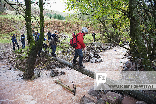 Hikers crossing a swollen river  Brecon Beacons National Park  South Wales  United Kingdom  Europe