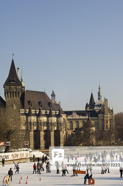 Eislaufen auf der Kunsteisbahn  Varosliget Stadt Park See  mit Vajdahunyad Burg im Hintergrund  Budapest  Ungarn  Europa