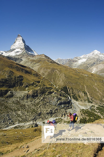 Hikers walking on trail near the Matterhorn  4477m  Zermatt Alpine Resort  Valais  Switzerland  Europe