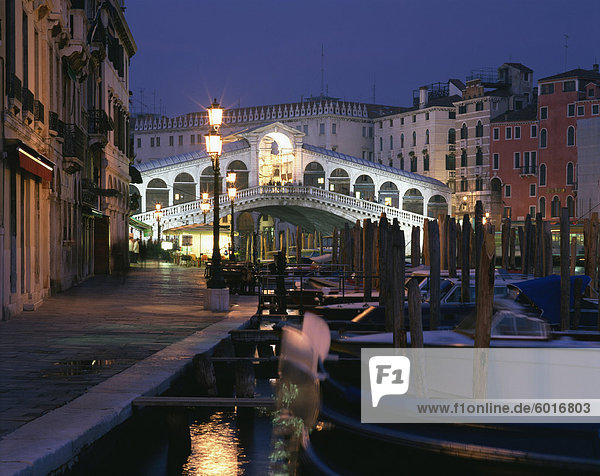 The Rialto Bridge illuminated at night in Venice  UNESCO World Heritage Site  Veneto  Italy  Europe