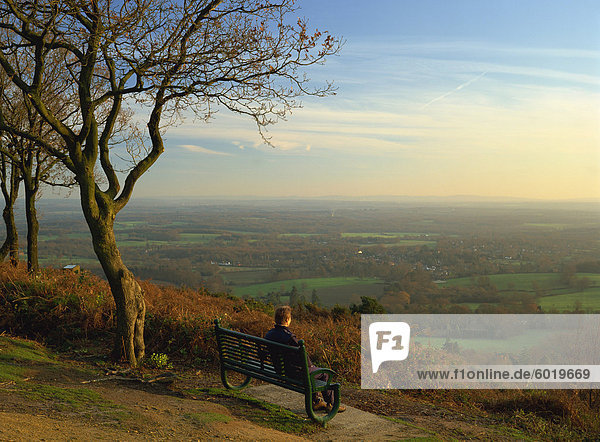Person looking across the Weald with a view for 25 miles to the South Downs from the Greensand Ridge  Pitch Hill  Ewhurst  Surrey  England  United Kingdom  Europe