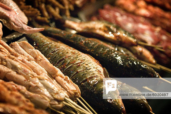 Food for the barbecue,  night market,  Dali,  Yunnan,  China,  Asia
