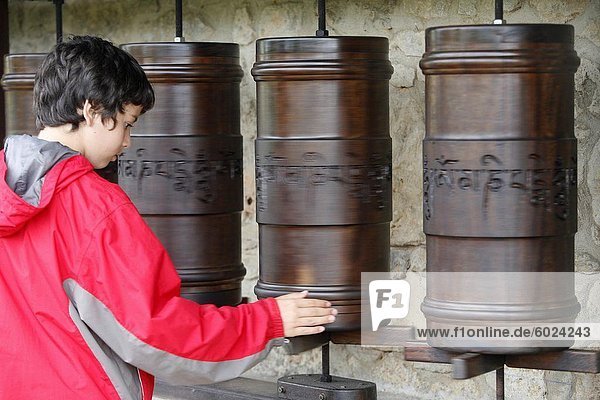 Prayer wheels in Dhagpo Kagyu Ling Tibetan Buddhist monastery  Saint-Leon sur Vezere  Dordogne  France  Europe