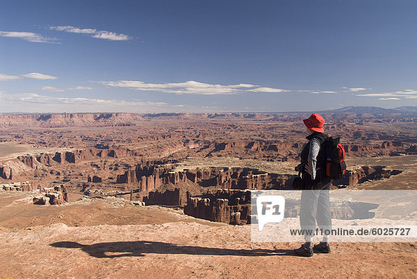 Tourist enjoying the view at Grand View Point Overlook  Canyonlands National Park  Utah  United States of America  North America