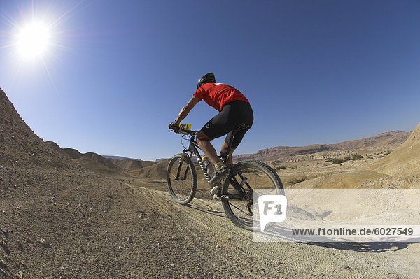 Rear view of competitior in the Mount Sodom International Mountain Bike Race  Dead Sea area  Israel  Middle East