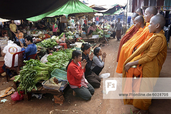 Buddhist monks collecting alms in the market town of Phum Swai Chreas  eastern Cambodia  Indochina  Southeast Asia  Asia
