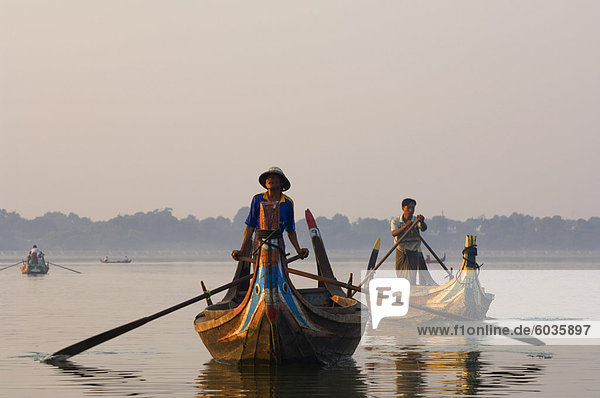 Boats on Thaungthaman Lake  Amarapura  Myanmar (Burma)  Asia