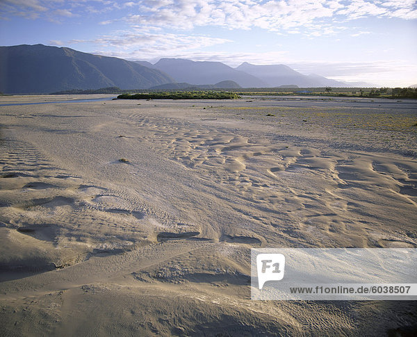 Flood plain with sand depressions  Haast River Valley  from road to Haast Pass  the start of the main divide  Haast  Westland  South Island  New Zealand  Pacific