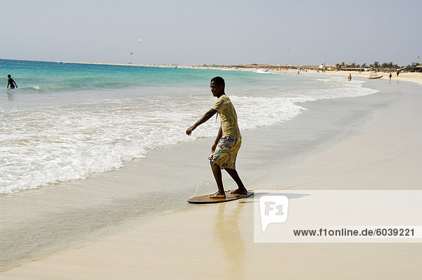 Beach surfing at Santa Maria on the island of Sal (Salt)  Cape Verde Islands  Africa