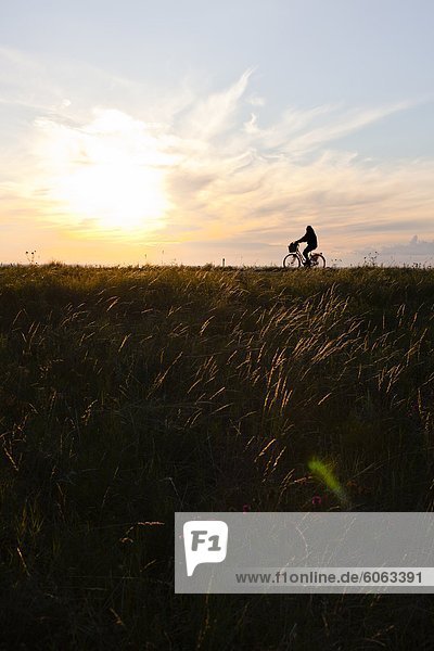 Ein Mann  mit dem Fahrrad bei Sonnenuntergang