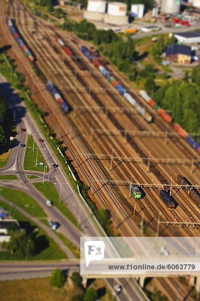 Aerial view of railroad tracks and roads