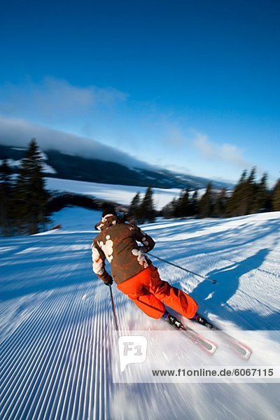 Skifahrer hinunter Hang  Rückansicht