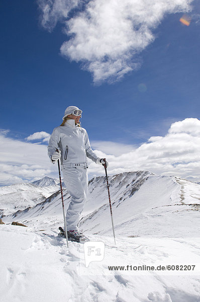 Frau  Fröhlichkeit  weiß  Ski  Ansicht  Colorado  teilen
