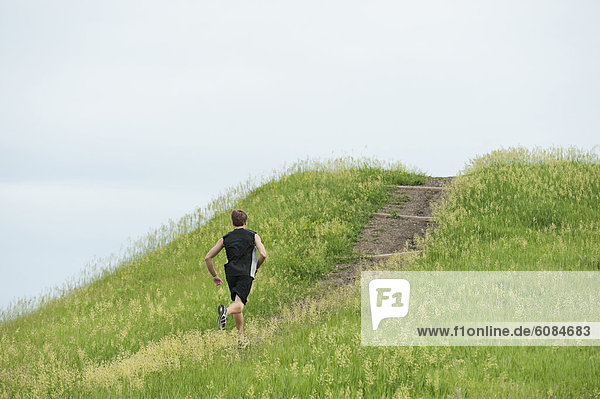 hoch  oben  Helligkeit  Mann  folgen  rennen  grün  Feld  schmutzig  jung  Erdhügel  South Dakota