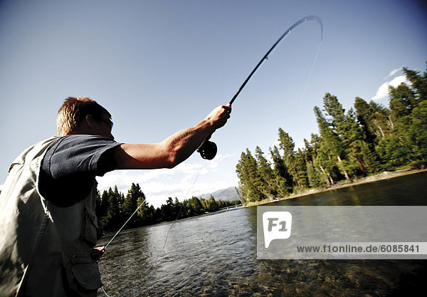 A teenage boy fly fishing in Swan River near Bigfork  Montana.